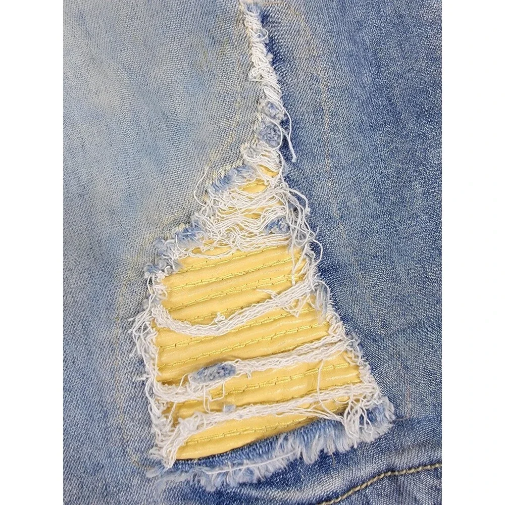 Frost Origin Shorts Mens 38 Blue Distressed Ripped Denim Yellow Patch Streetwear